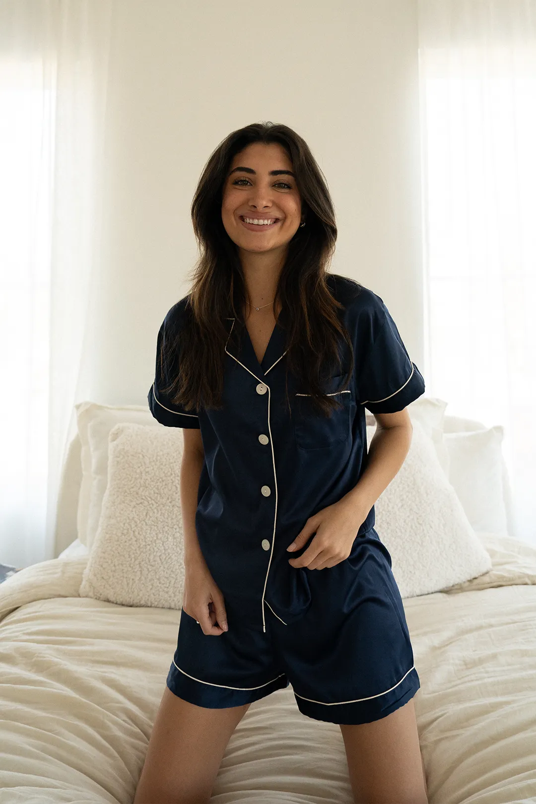 Navy Satin Pajamas Shorts Set