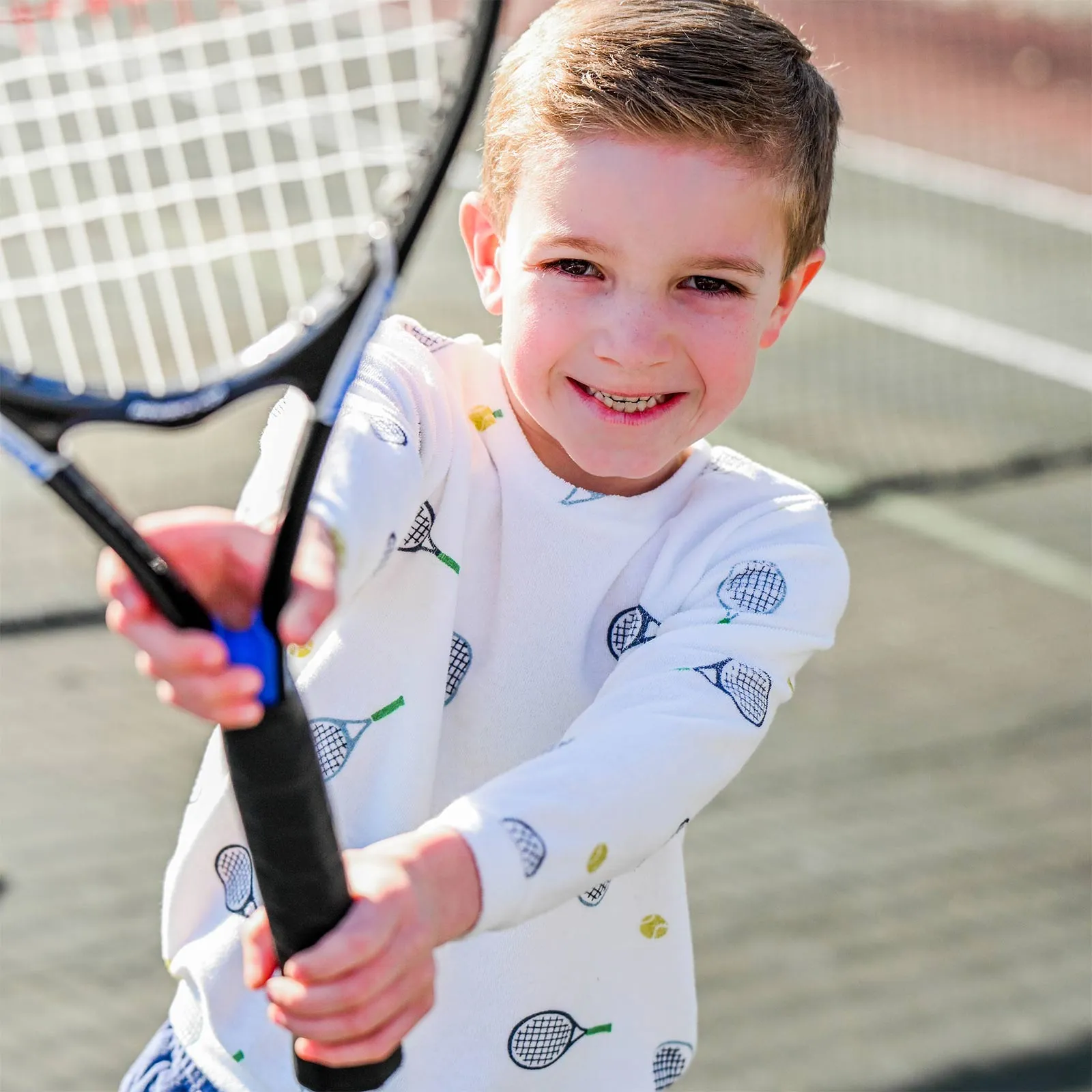 oh baby! Cotton Terry Boxy Sweatshirt - Tennis Print - Snow