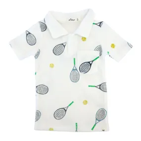 oh baby! Cotton Terry Polo Shirt - Tennis Print - Snow