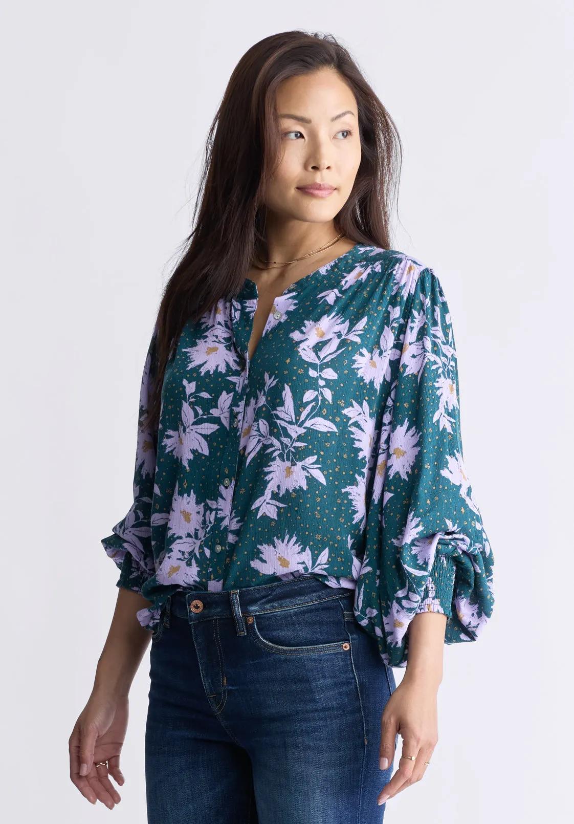 Ottilie Women's Long-Sleeved Blouse, Green with Purple Floral - WT0120F