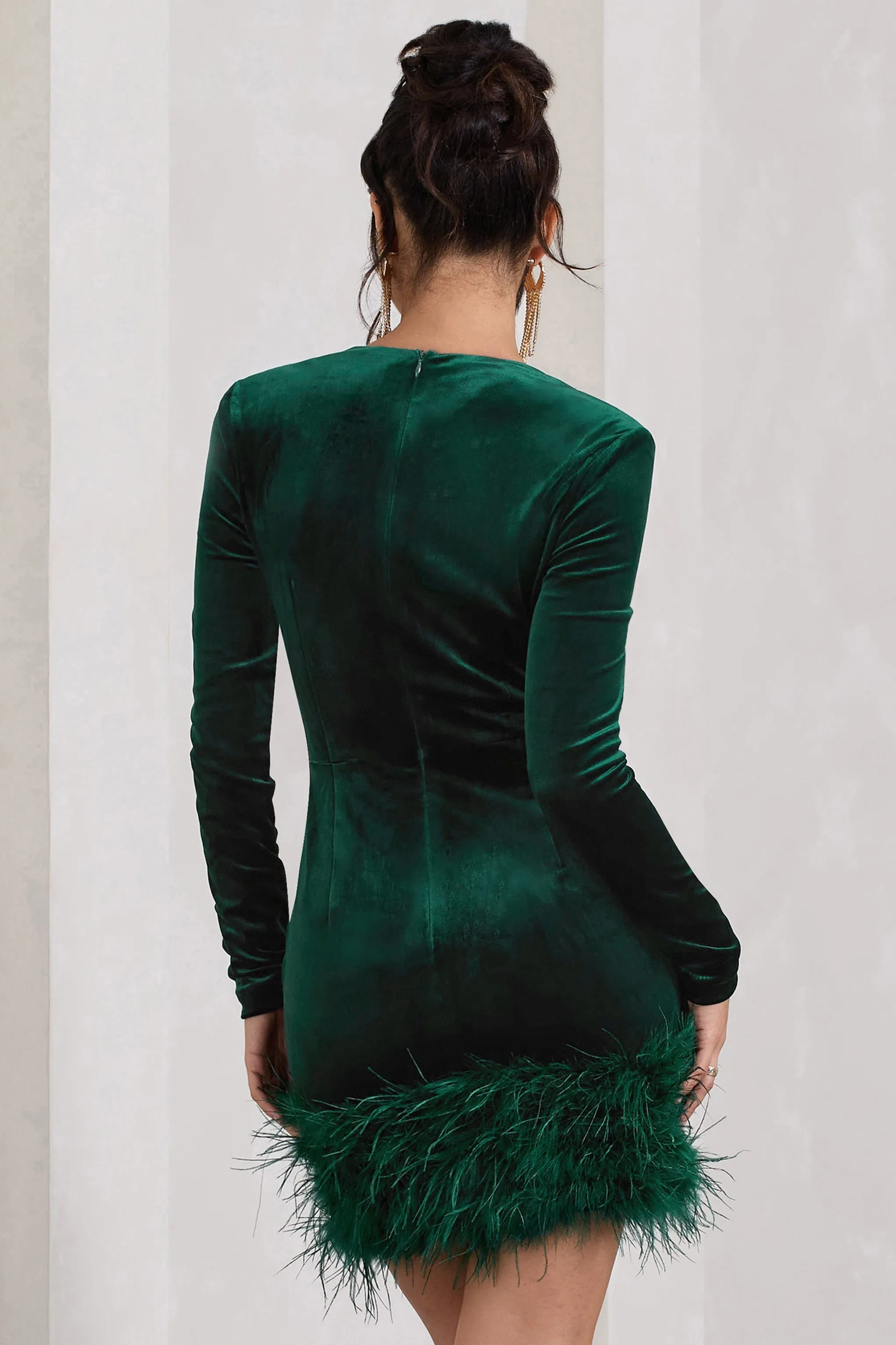 Tamsin | Bottle Green Velvet Long-Sleeved Feather Mini Dress