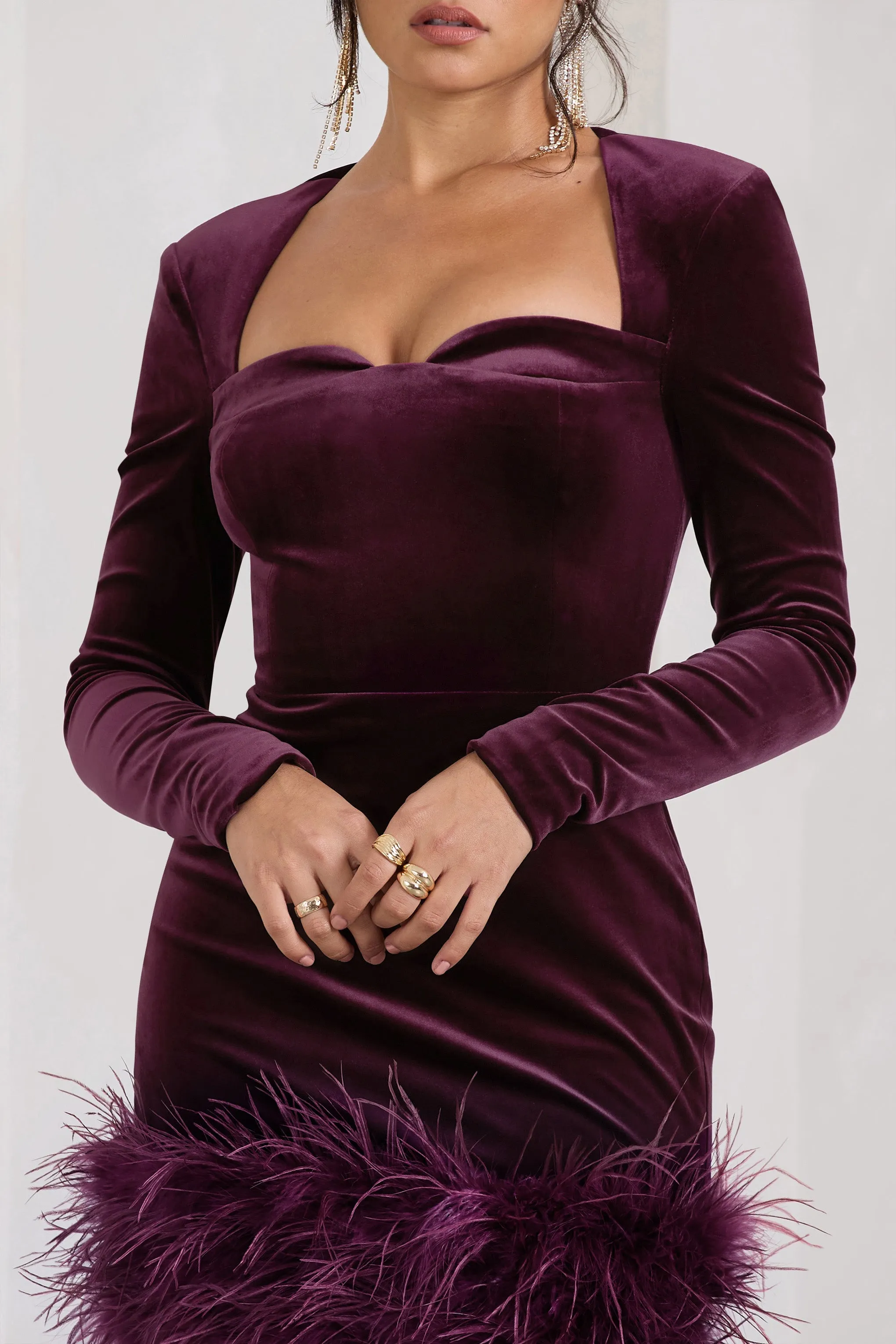 Tamsin | Port Velvet Long-Sleeved Feather Mini Dress