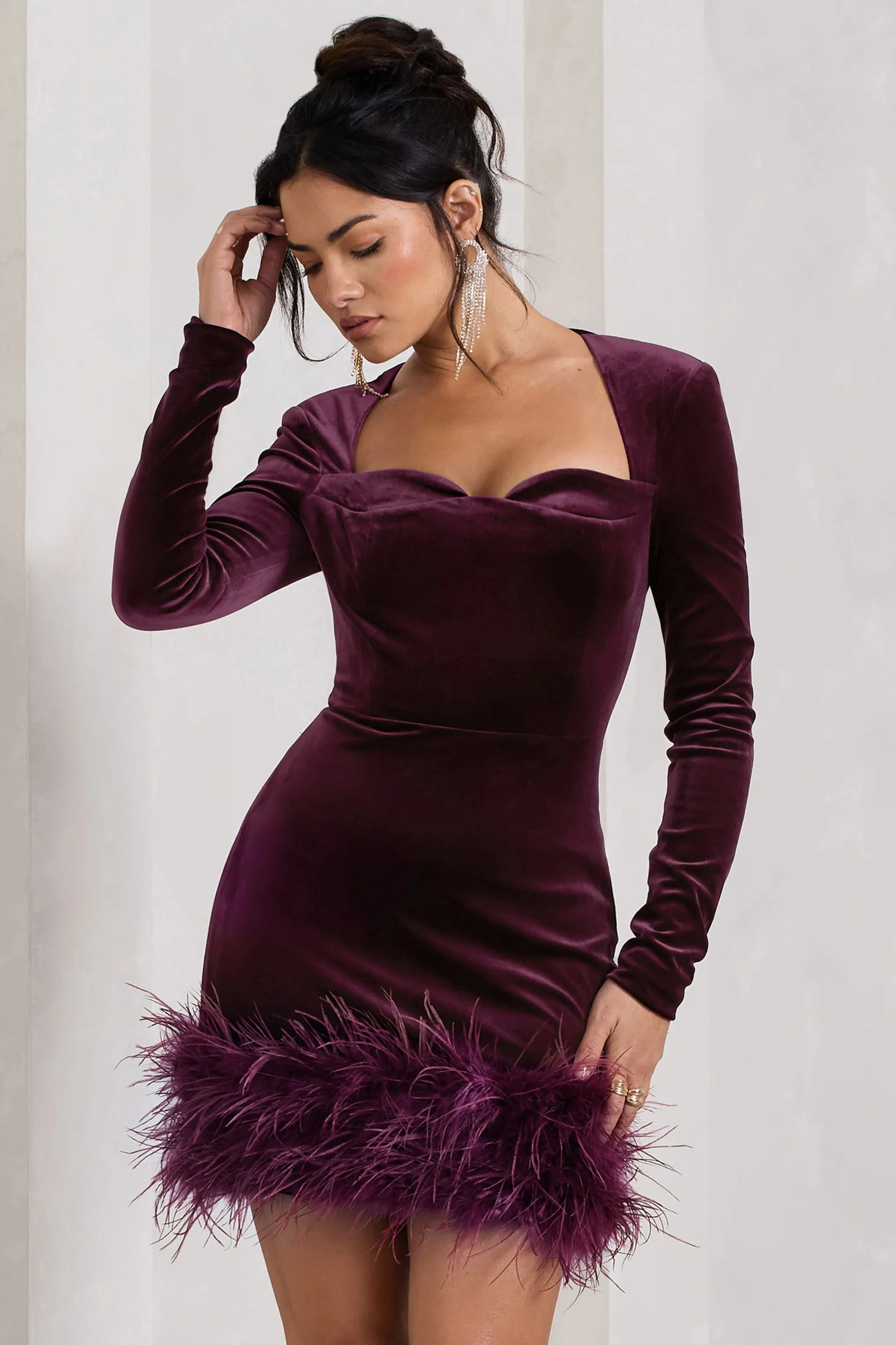 Tamsin | Port Velvet Long-Sleeved Feather Mini Dress