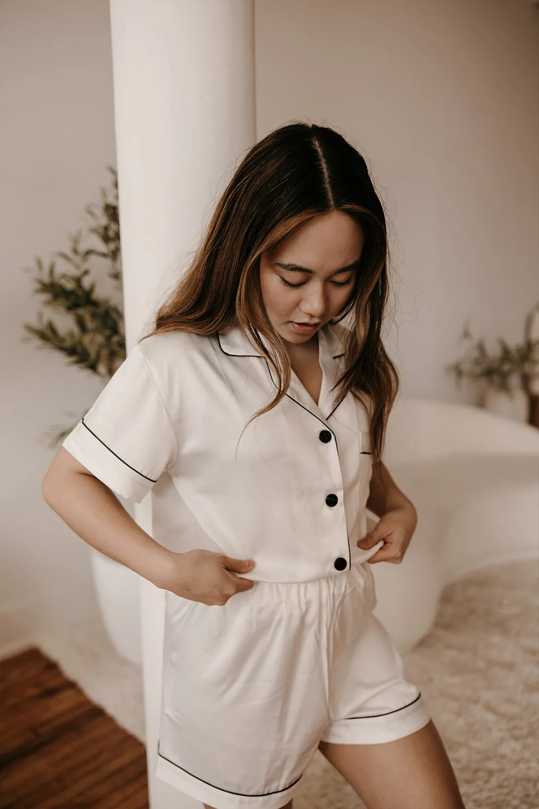 White Pajamas with Black Trim Shorts Set