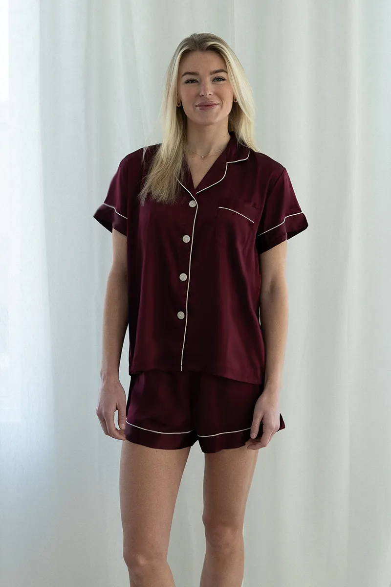 Wine Satin Pajamas Shorts Set