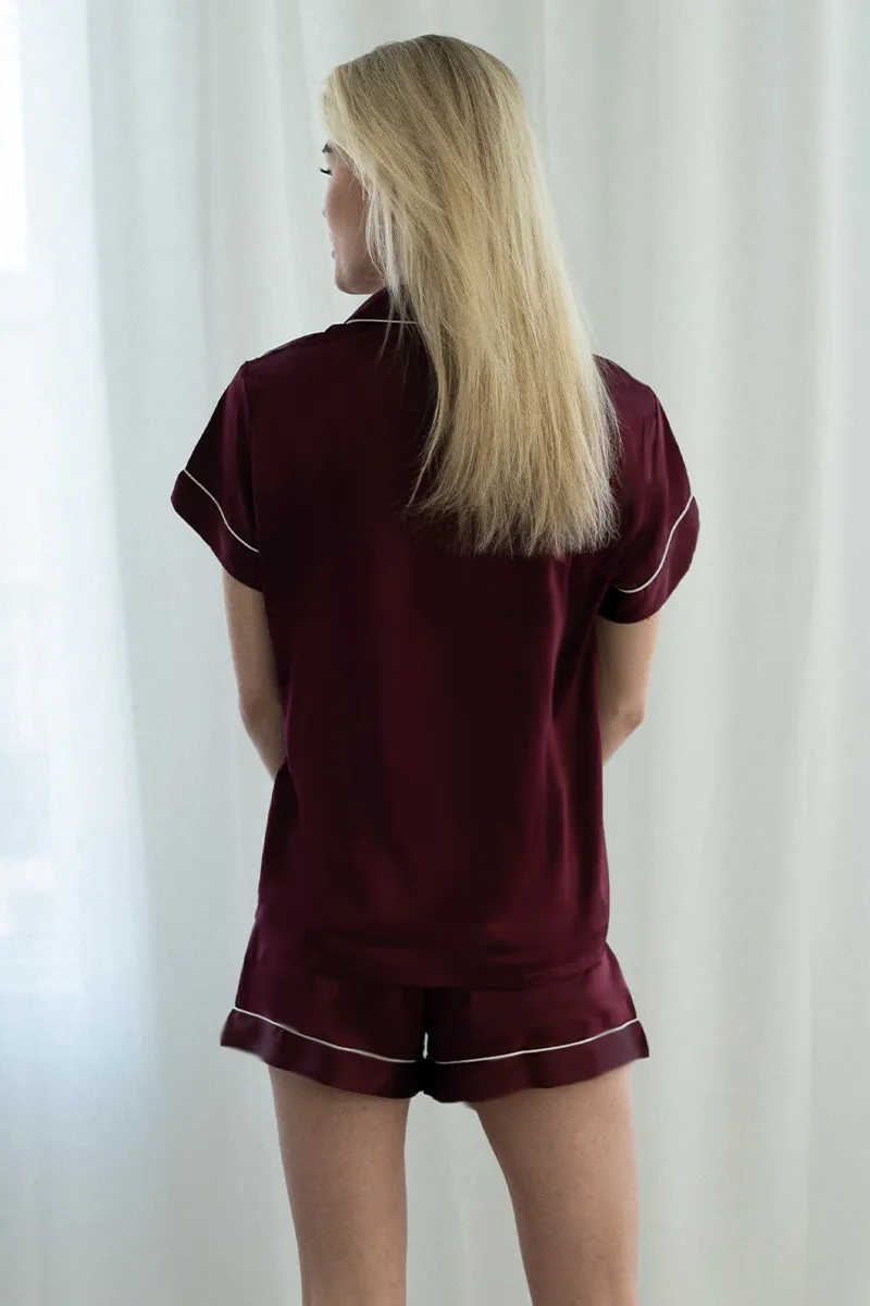 Wine Satin Pajamas Shorts Set