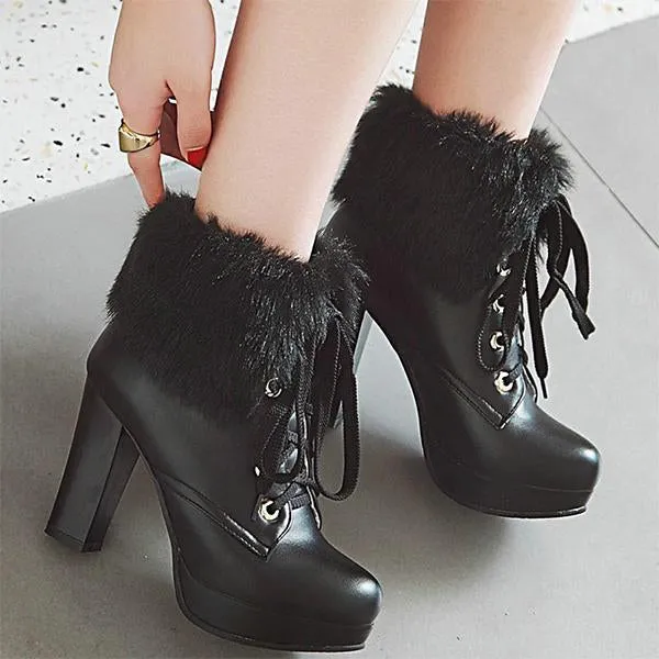 Women's Casual Furry Lace-Up Chunky Heel Short Boots 30607043S