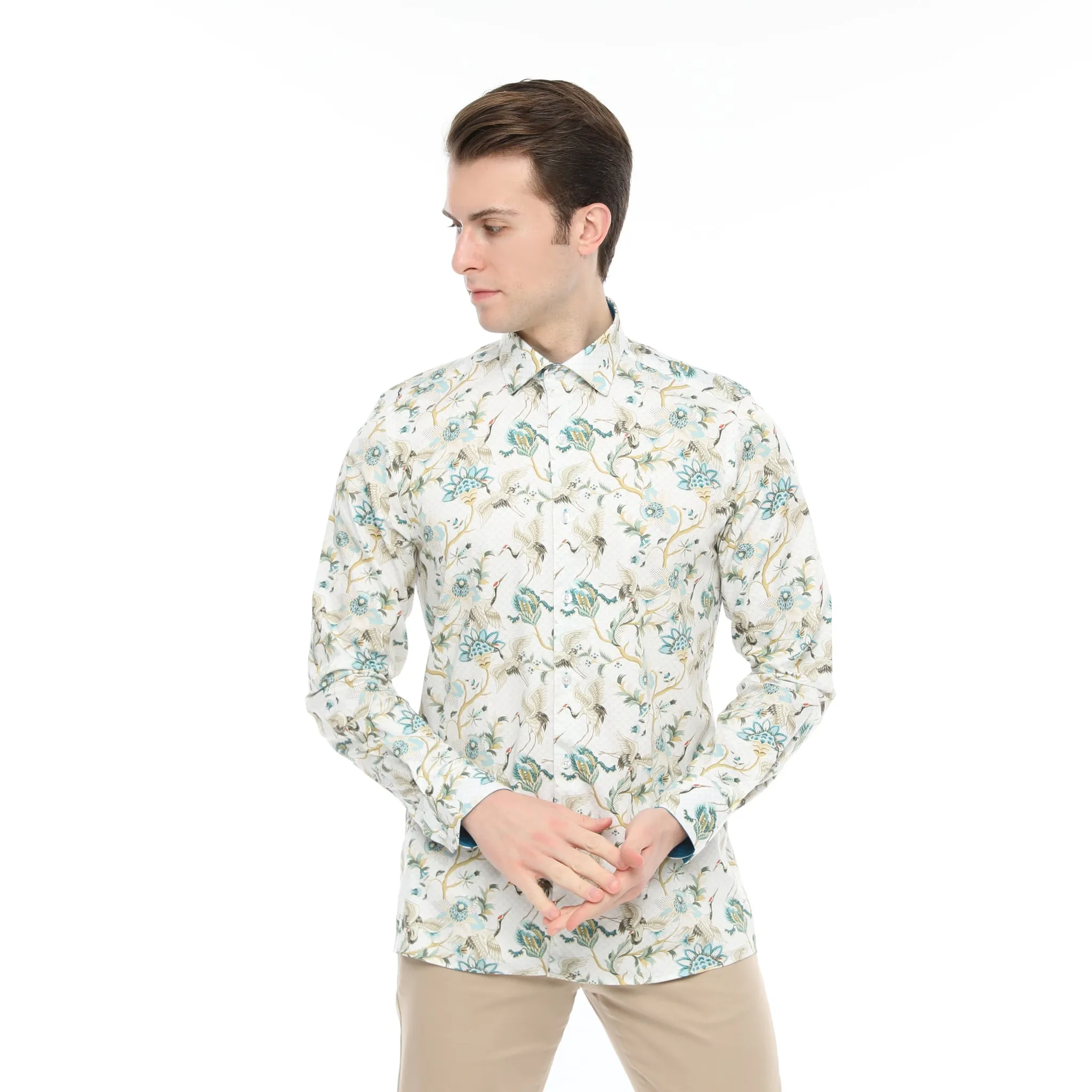 Xact Men's Crane Bird Print Long Sleeved Shirt, Regular Fit