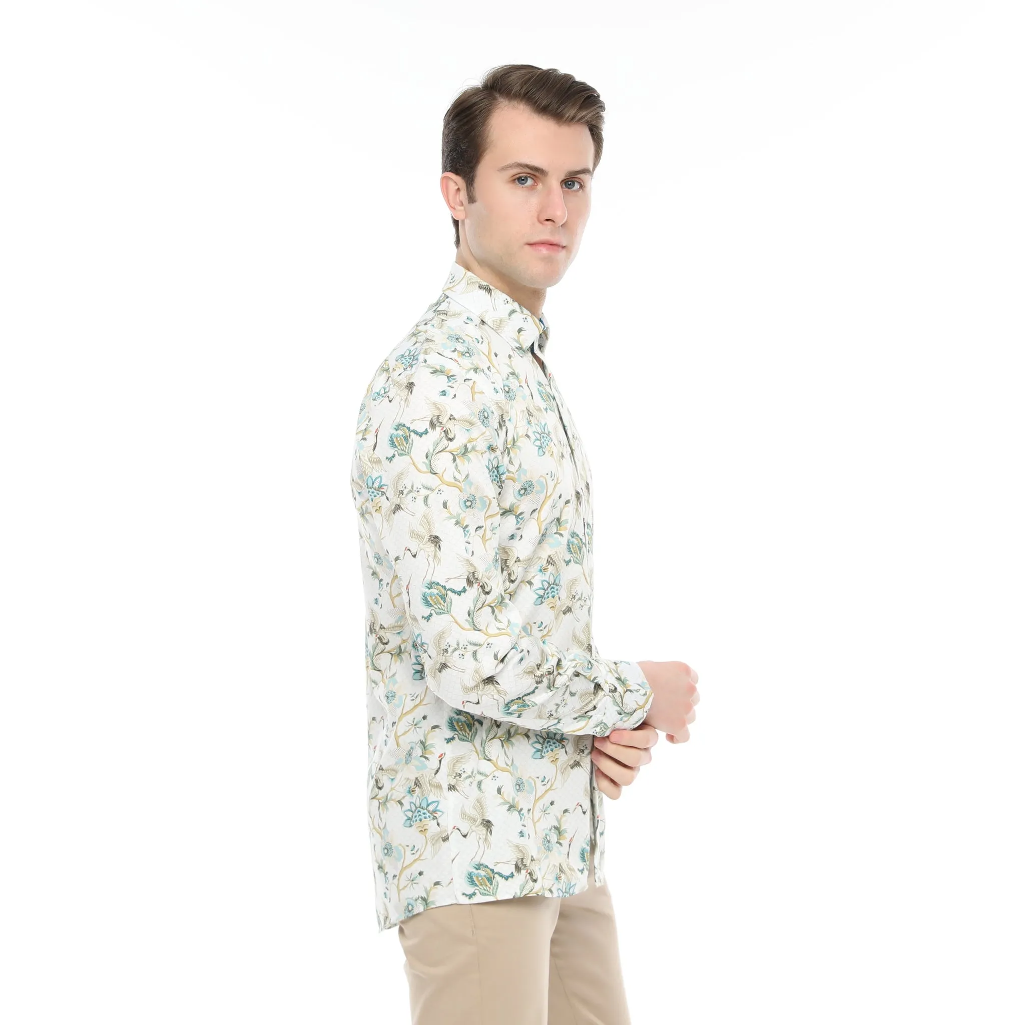 Xact Men's Crane Bird Print Long Sleeved Shirt, Regular Fit