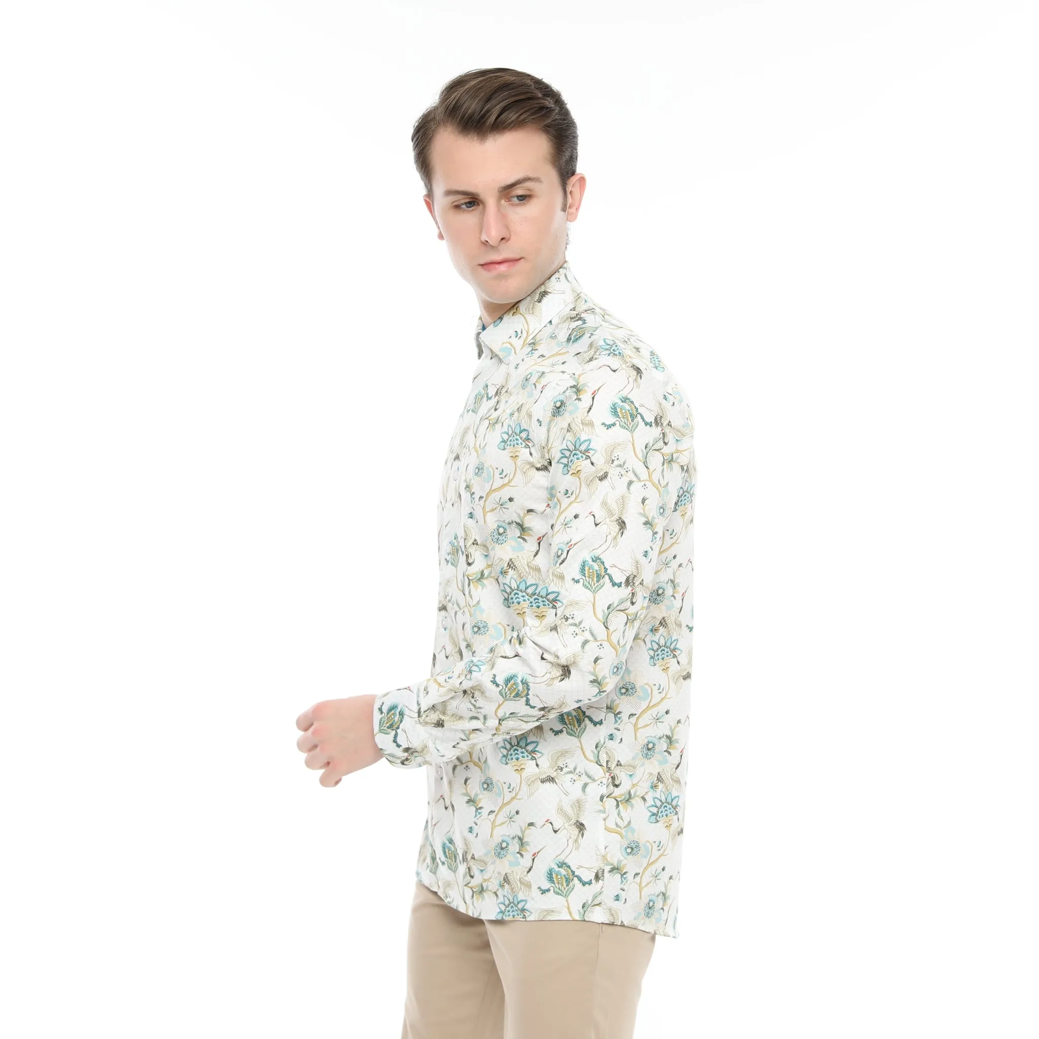 Xact Men's Crane Bird Print Long Sleeved Shirt, Regular Fit